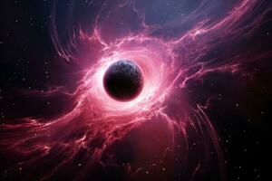 ein Super massiv schwarz Loch verschlingt ein beschwingt Rosa Planet. ai generativ foto