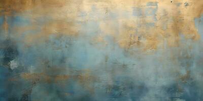 Acryl Blau und golden Hintergrund. abstrakt Gemälde zum Banner, Webseite, Textur. Öl Kunst mit Aquamarin und Gold, Licht Orange und Bronze, Licht Gold und Weiss, glatt metallisch Fertig ai generativ foto