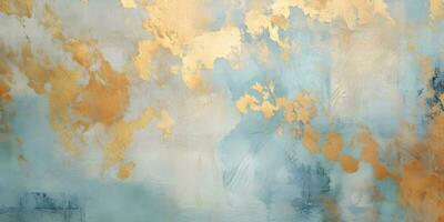Acryl Blau und Gold Mauer Hintergrund abstrakt Gemälde zum Banner Webseite Textur. Öl Kunst Aquamarin und Gold, schimmernd, Licht Orange und Bronze, Licht Gold und Weiß glatt metallisch ai generativ foto