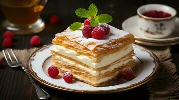 Himbeere Mille-Feuille Gebäck mit Minze, serviert auf ein Weiß Teller auf ein dunkel Holz Tabelle foto