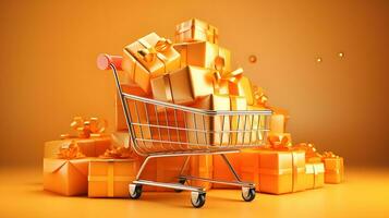 Einkaufen Wagen überfüllt mit golden Geschenk Kisten auf ein solide Orange Hintergrund foto