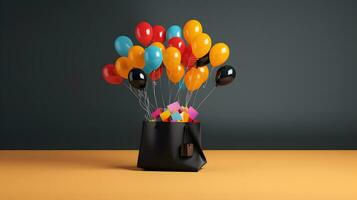 schwarz Einkaufen Tasche mit bunt Luftballons foto