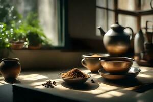 Dort ist ein lecker Tasse von Tee mit indisch Aromen auf das sonnig Fensterbrett im das Küche ai generiert foto