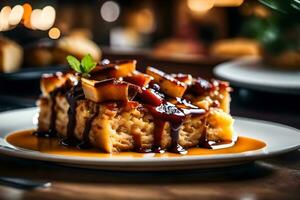 das Kamera zoomt im auf ein Dessert namens Brot Pudding, und Dort ist ein ziemlich Restaurant im das Hintergrund ai generiert foto