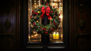 ai generativ Weihnachten Kranz mit rot Bogen und Beeren auf das Tür schließen oben foto
