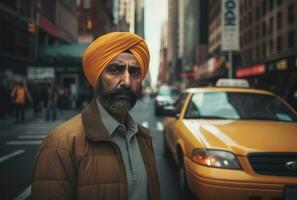 Sikh Erwachsene Taxi Treiber Stadt Straße. generieren ai foto