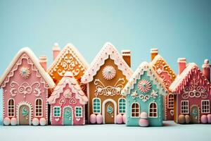 zauberhaft Pastell- getönt Lebkuchen Häuser mit Süßigkeiten Akzente isoliert auf ein Gradient Hintergrund foto