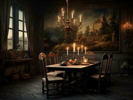weiter Winkel Aussicht von ein Essen Zimmer mit Möbel, ein Tabelle und ein Leuchter, Kerzenlicht leuchtet das Zimmer. generativ ai foto
