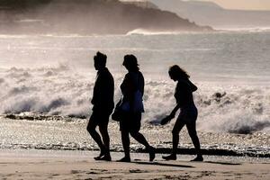 drei Menschen Gehen auf das Strand mit Wellen im das Hintergrund foto