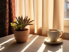 ein Tasse von Kaffee und eingetopft Kaktus auf das Tabelle durch das Fenster, ein Fenster mit ein hell Licht leuchtenden durch es ist Fenster Volant. generativ ai foto