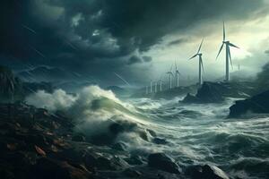 Wind Turbinen auf das surreal Meer. verlängerbar Energie Hintergrund mit Grün Energie. generativ ai foto