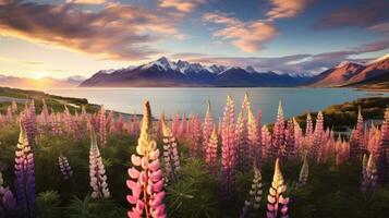 schön Lupine Feld durch das See im natürlich Licht, Sonnenlicht Betrachtung im das See, Berge, und ein hell Himmel im das Hintergrund. generativ ai foto