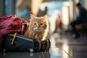 Urlaub Ferien Katze warten im Flughafen Terminal bereit zu Tafel das Flugzeug. generativ ai foto