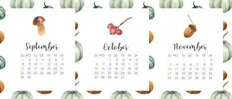 Aquarell Herbst Kalender 2024. Aquarell botanisch Herbst 2024 Kalender mit Pilz, Eichel und Kürbisse. foto