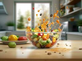 Gemüse Salat und Obst auf Küche Tisch. generativ ai foto
