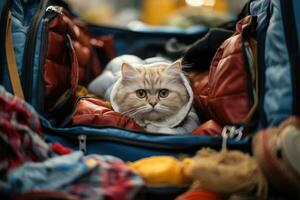 Urlaub Ferien Katze warten im Flughafen Terminal bereit zu Tafel das Flugzeug. generativ ai foto