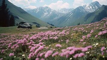 ein Feld von Gras und lila Blumen, Berge und ein hell Frühling Himmel im das Hintergrund. generativ ai foto