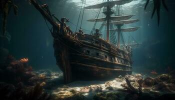nautisch Schiff Segel durch Wasser, schiffbrüchig, verlassen, mysteriös Abenteuer generiert durch ai foto