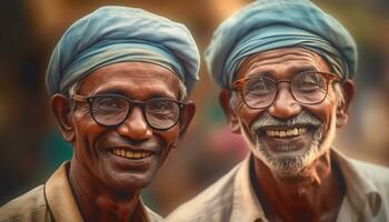 zwei Senior Männer lächelnd, suchen beim Kamera, draußen, heiter und glücklich generiert durch ai foto