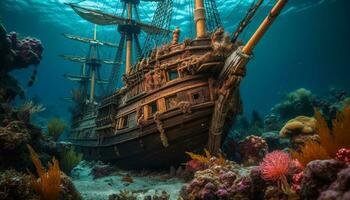 unter Wasser Fisch erkunden Schiffswrack, Koralle Riff, Tauchen Tauchen Abenteuer generiert durch ai foto