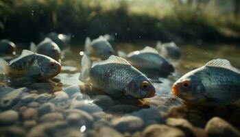 Gruppe von Wasser- Tiere Schwimmen im ein frisches Wasser Teich generiert durch ai foto