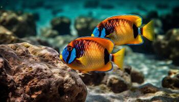 unter Wasser Fisch schwimmen im ein beschwingt, multi farbig Koralle Riff generiert durch ai foto