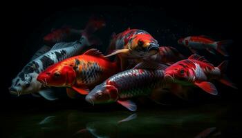 ein beschwingt Sammlung von multi farbig Fisch Schwimmen im ein unter Wasser Teich generiert durch ai foto
