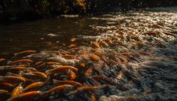 unter Wasser Fisch Schwimmen im ein still Teich, umgeben durch Natur generiert durch ai foto