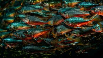 Schule von Fisch Schwimmen im das unter Wasser Riff, Anzeigen beschwingt Farben generiert durch ai foto