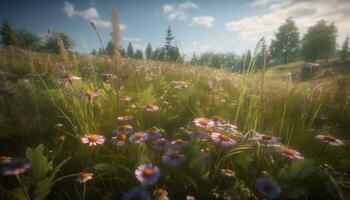 ein beschwingt Wiese von Wildblumen Blüten unter das Sommer- Sonne generiert durch ai foto