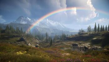 majestätisch Berg Gipfel, Regenbogen Farben, still Wiese, Sommer- Abenteuer generiert durch ai foto