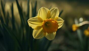 ein beschwingt Gelb Gänseblümchen Blüten im das Wiese, umgeben durch Grün generiert durch ai foto