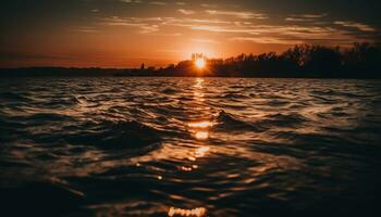 Sonnenuntergang Über Wasser, Natur Schönheit reflektiert im still Sommer- Dämmerung generiert durch ai foto