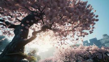 Baum Ast mit Rosa Kirsche Blüten gegen ein Blau Himmel generiert durch ai foto