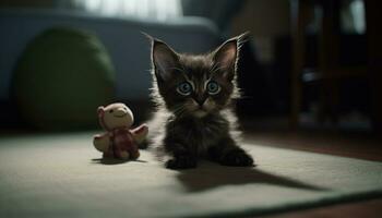 süß Kätzchen spielen mit Spielzeug, suchen beim Kamera, Sanft Pelz generiert durch ai foto