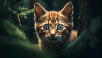 süß Kätzchen suchen beim Kamera, Sitzung im Gras, spielerisch Neugierde generiert durch ai foto