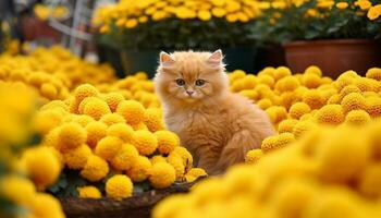 süß Kätzchen Sitzung draußen, umgeben durch Gelb Blumen, flauschige Pelz generiert durch ai foto