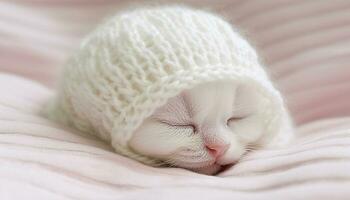 süß Kätzchen Schlafen auf ein Sanft Decke, umgeben durch Wärme generiert durch ai foto
