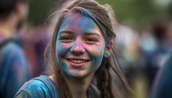 lächelnd Mädchen genießen bunt Festival, spielen Sport im das draußen generiert durch ai foto