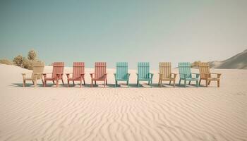ein still Szene von ein verlassen Strand mit Salon Stühle generiert durch ai foto