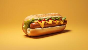 gegrillt Rindfleisch heiß Hund auf Brötchen, ungesund amerikanisch Snack generiert durch ai foto