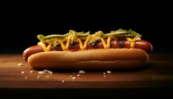 gegrillt heiß Hund auf Brötchen, amerikanisch Mahlzeit mit Ketchup generiert durch ai foto