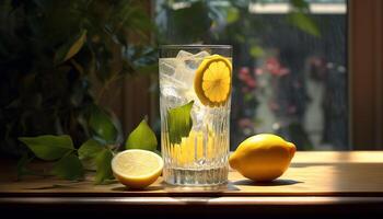 frisch Limonade auf ein hölzern Tisch, perfekt zum Sommer- generiert durch ai foto