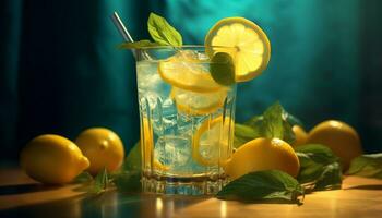 frisch Limonade auf ein hölzern Tisch, perfekt zum Sommer- generiert durch ai foto