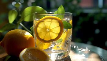 frisch Limonade auf ein hölzern Tisch, perfekt Sommer- Erfrischung generiert durch ai foto