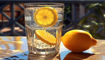 frisch Zitrone auf hölzern Tisch, erfrischend Sommer- trinken generiert durch ai foto