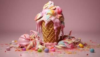 multi farbig Süßigkeiten Dekoration auf ein Rosa Hintergrund, Süss Genuss generiert durch ai foto