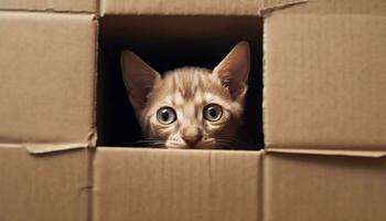 süß Kätzchen versteckt im ein Karton Kasten, spähen neugierig generiert durch ai foto
