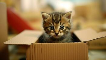 süß Kätzchen spielen im ein Karton Kasten, suchen bezaubernd generiert durch ai foto