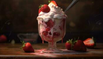 Frische von Sommer- Beeren auf ein hölzern Tisch, Genuss wartet generiert durch ai foto